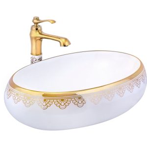 Altın Çanak Lavabo Gold Beyaz Seramik Lavabo İşlemeli Vintage 60X40 Armatür Hariçtir