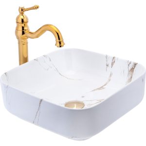 Çanak Lavabo Mermer Desenli Beyaz Seramik Çanak Lavabo 38X38 Armatür Hariçtir
