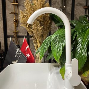 Gold Beyaz Mutfak Bataryası Mat Beyaz Evye Musluğu Altın Batarya Modern Tasarım