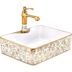 Gold Çanak Lavabo Kare Tasarım Gold Beyaz İşlemeli Seramik 48X37 Armatür Hariçtir