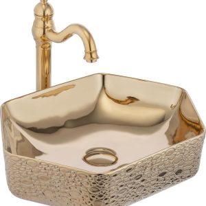 Gold Çanak Lavabo Seramik Banyo Lavabosu Altın 47X36 Armatür Hariçtir