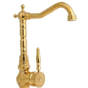Gold Mutfak Bataryası Vintage Evye Musluğu İşlemeli Armatür Gold Batarya