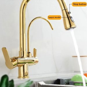 Gold Spiralli Mutfak Bataryası Spiralli Arıtıcılı Evye Armatür Tazzik ve Spreyleme Mod