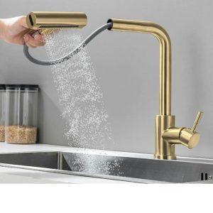 Mat Gold Spiralli Mutfak Bataryası Şelale Akış Fonksiyonlu Mat Gold Uzayan Sistem Evye Armatür