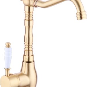 Mutfak Bataryası Gold Evye Musluğu İşlemeli Porsalen Armatür Vintage Tasarım Evye Bataryası Altın