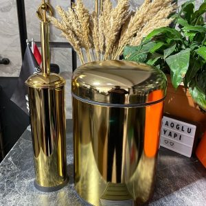 Parlak Gold Altın Banyo Çöp Kova Ve Fırça Seti