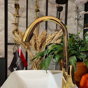 Parlak Gold Gizli Spiralli Mutfak Bataryası Altın Spiralli Evye Bataryası Oynar Başlıklı Musluk