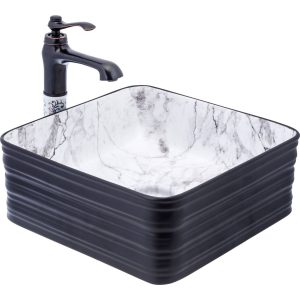 Siyah Çanak Lavabo Mermer Desen Seramik Lavabo Banyo Çanak Kare 40x40 Armatür Hariçtir