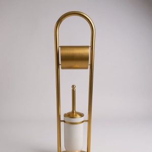 Mat Gold Klozet Fırçalık ve Tuvalet Kağıtlık Setı Mat Altın Ayaklı Banyo Seti Pirinç Malzeme