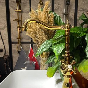 Altın Mutfak Bataryası Gold Evye Musluğu Avantgarde Tasarım Aç Kapa Sistem Rustik Mutfak Bataryası