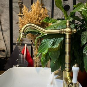 Antik Gold Mutfak Bataryası Vintage Evye Musluğu Porsalen Kulp Armatür
