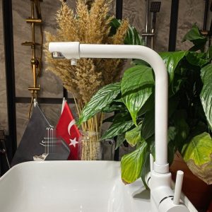 Beyaz Arıtmalı Mutfak Bataryası Beyaz Evye Musluğu Arıtıcılı 3 Yollu Batarya Mat Beyaz
