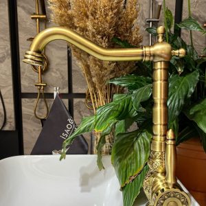 Mat Gold Rustik Batarya Işlemeli Altın Musluk Premium Tasarım Antik Batarya