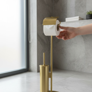 Mat Gold Tuvalet Kağıtlık ve Klozet Fırçası Seti Ayaklı Modern Banyo Seti Mat Altın Dore