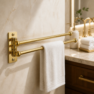 Parlak Gold Havluluk Çiftli Asklılı Havluluk Hareketli Sistem Banyo Havluluğu Parlak Gold Paslanmaz Pirinç