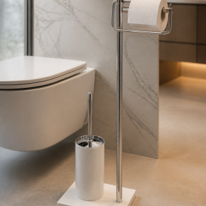 Mermer Klozet Fırçası ve Tuvalet Kağıtlık Seti Ayaklı Banyo Seti Pirinç Malzeme