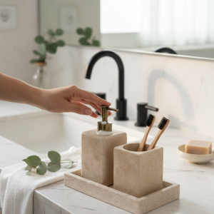 Traverten Sabunluk ve Diş Fırçalık Doğal Mermer Taş Banyo Seti Birinci Kalite Mermer Eskitme Antik
