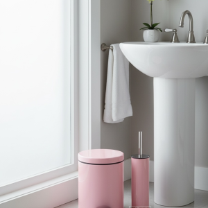 Pembe Banyo Çöp Kovası ve Klozet Fırçası Seti Paslanmaz Malzeme Banyo Seti Pembe Renk