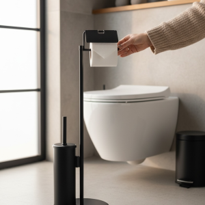 Siyah Tuvalet Kağıtlık Klozet Fırçalık Seti Paslanmaz Pirinç Malzeme Banyo Modern Ayaklı Set