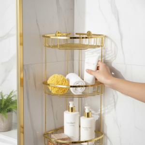 Gold Üçlü Şampuanlık Köşelik Paslanmaz Pirinç Materyal Üçlü Altın Banyo Rafı