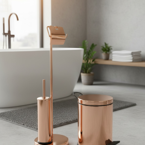 Bakır Klozet Fırçası ve Tuvalet Kağıtlığı Bronz Çöp Kovası Üçlü Banyo Seti Bakır Pedallı Kova